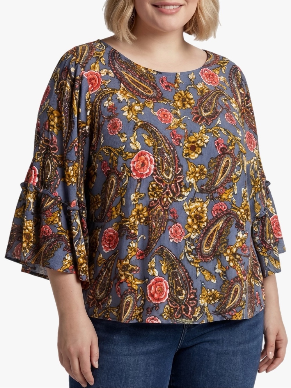 Cato Women’s Plus Size 18/20 Paisley Floral Bell Sleeve Blouse Top Blue Multi - Picture 1 of 8